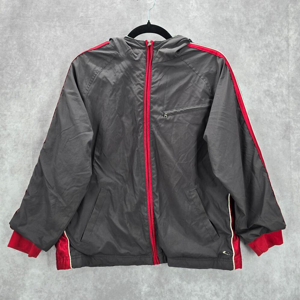 Tek Gear Gray Red Full Zip Hooded Track Windbreaker‎ Jacket Coat Large L 14/16